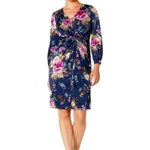 Maggy London Women's Floral Charmeuse Draped Dress Navy/Mulberry Size 12